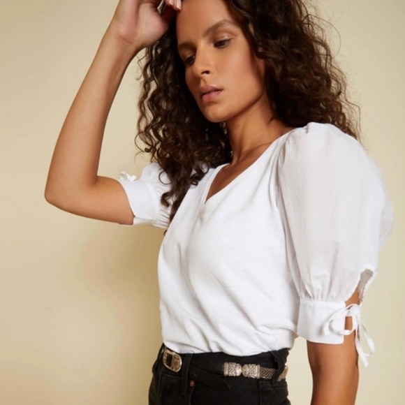 Nation Ltd White Kimberly Puff Sleeve Tie Cuff Short Sleeved Top. Small - Picture 1 of 8